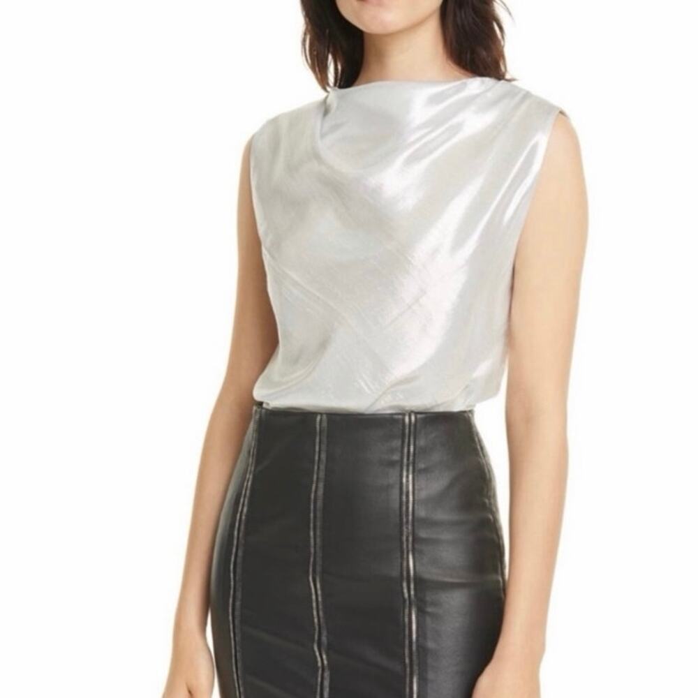 NWOT RtA Selma Metallic Silver Silk Lurex Cowl Neck Sleeveless Top Size Small
